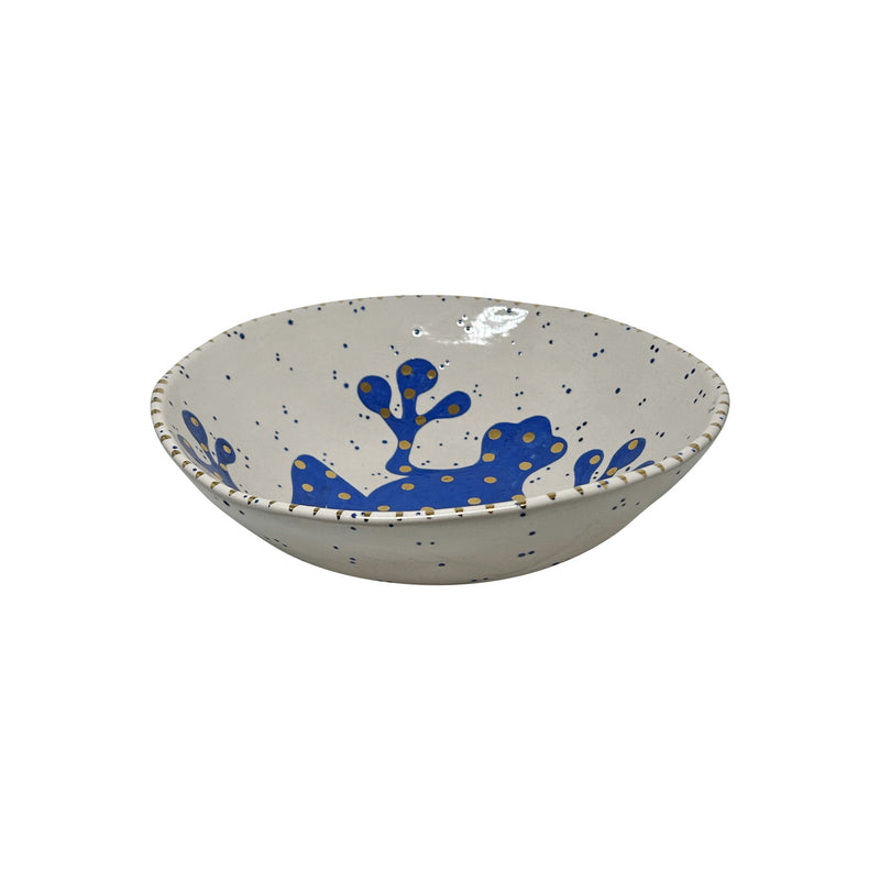 Disi mavi benekli ici benekli ve kurbaga desenli beyaz kase_White bowl with dots and frog pattern