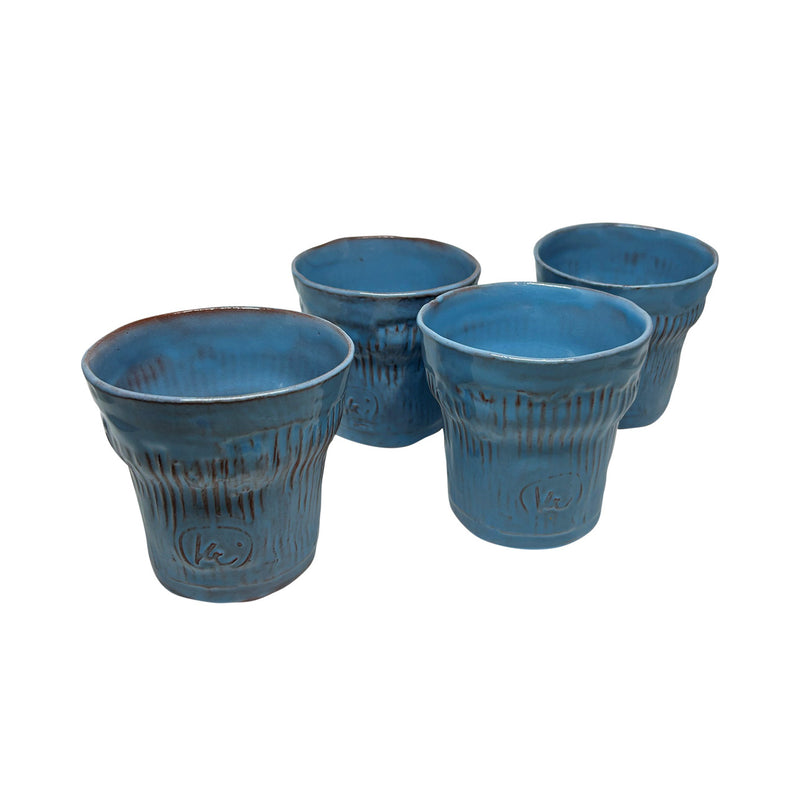 Dort adet acik mavi cizgili seramik bardak_Four handmade light blue ceramic cups
