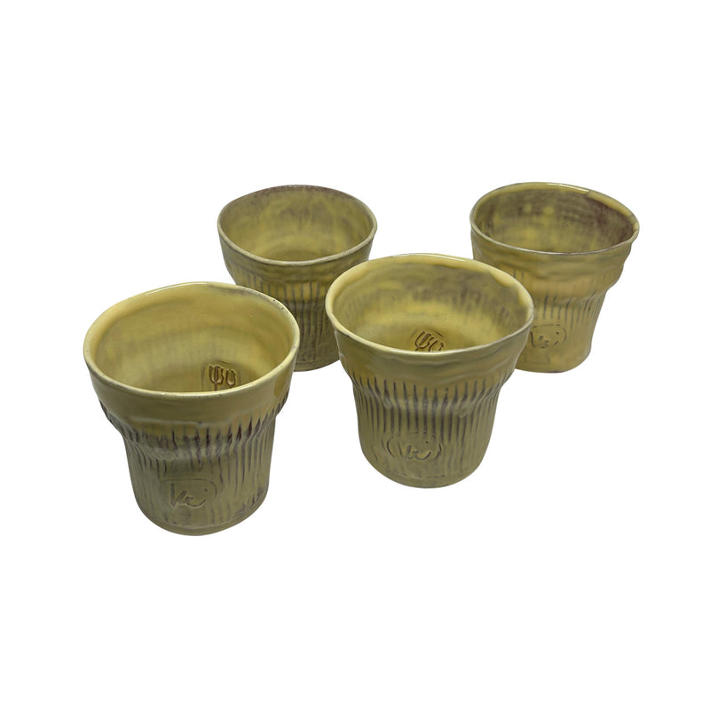 Dort adet acik sari cizgili seramik bardak_Four handmade pale yellow ceramic cups