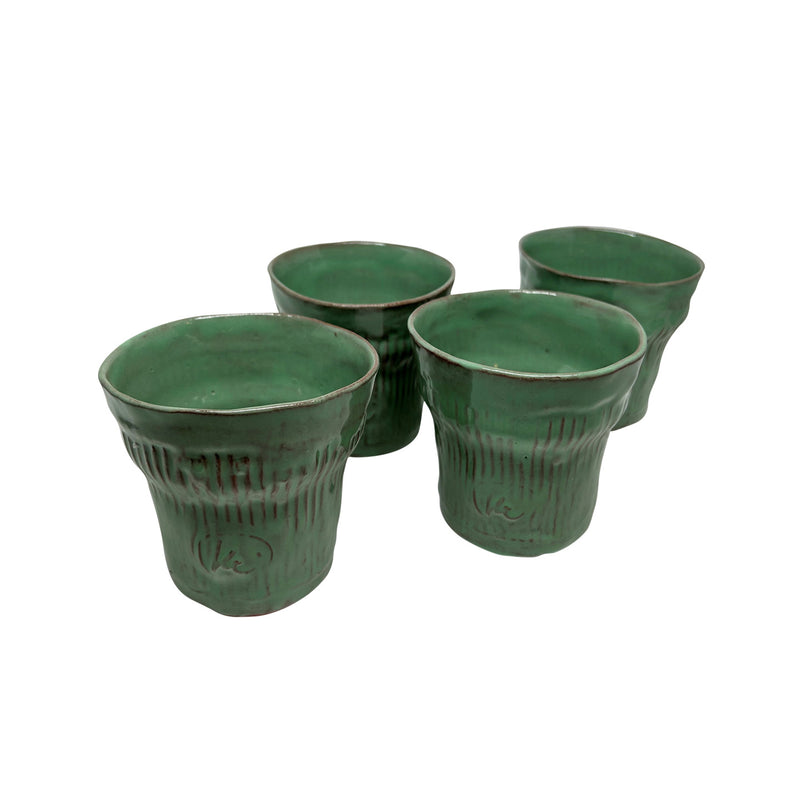 Dort adet acik yesil cizgili seramik bardak_Four handmade pale green ceramic cups
