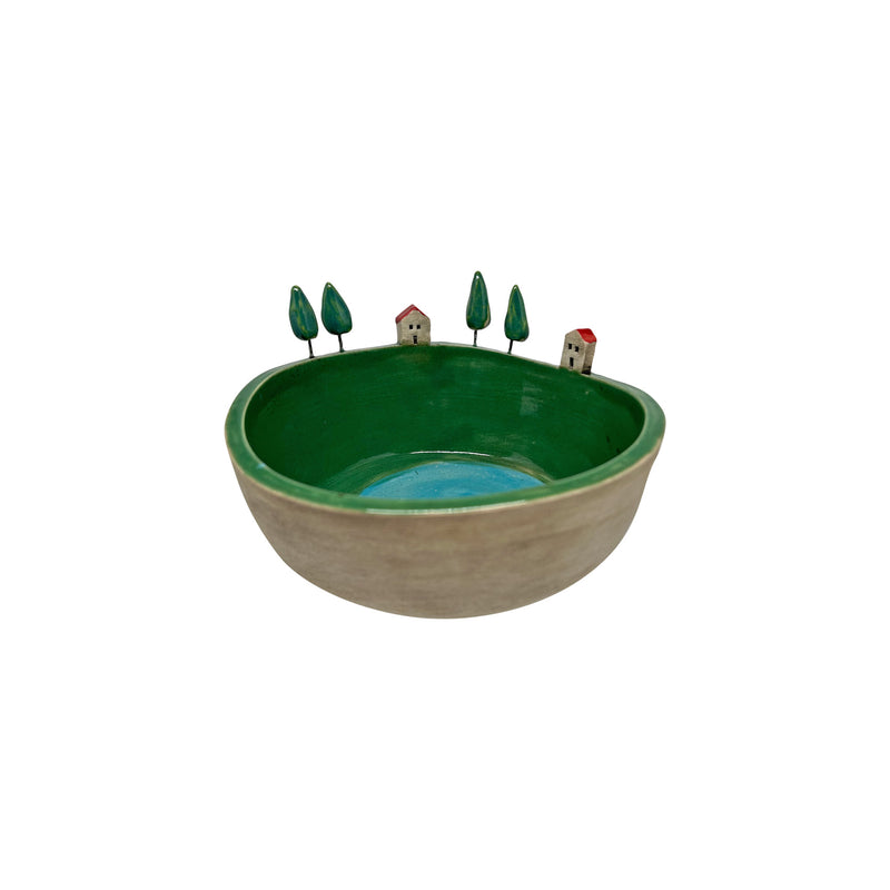 Dort kucuk agac ve iki ev ile suslenmis seramik kase_Ceramic bowl decorated with four tiny trees and two houses