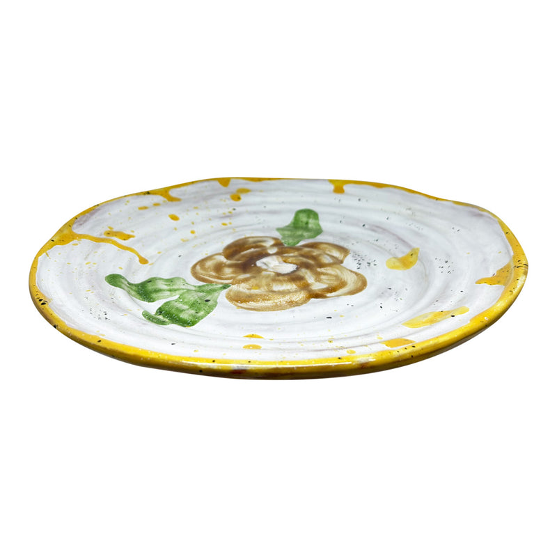 El yapimi seramik sari kahve yesil beyaz desenli buyuk tabak_Handmade ceramic brown green yellow and white patterned large plate