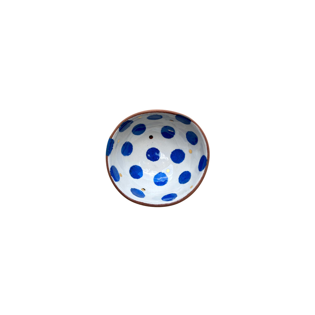 Ev aksesuari mavi ve altin rengi benekli beyaz kase_White bowl with blue and golden colored dots