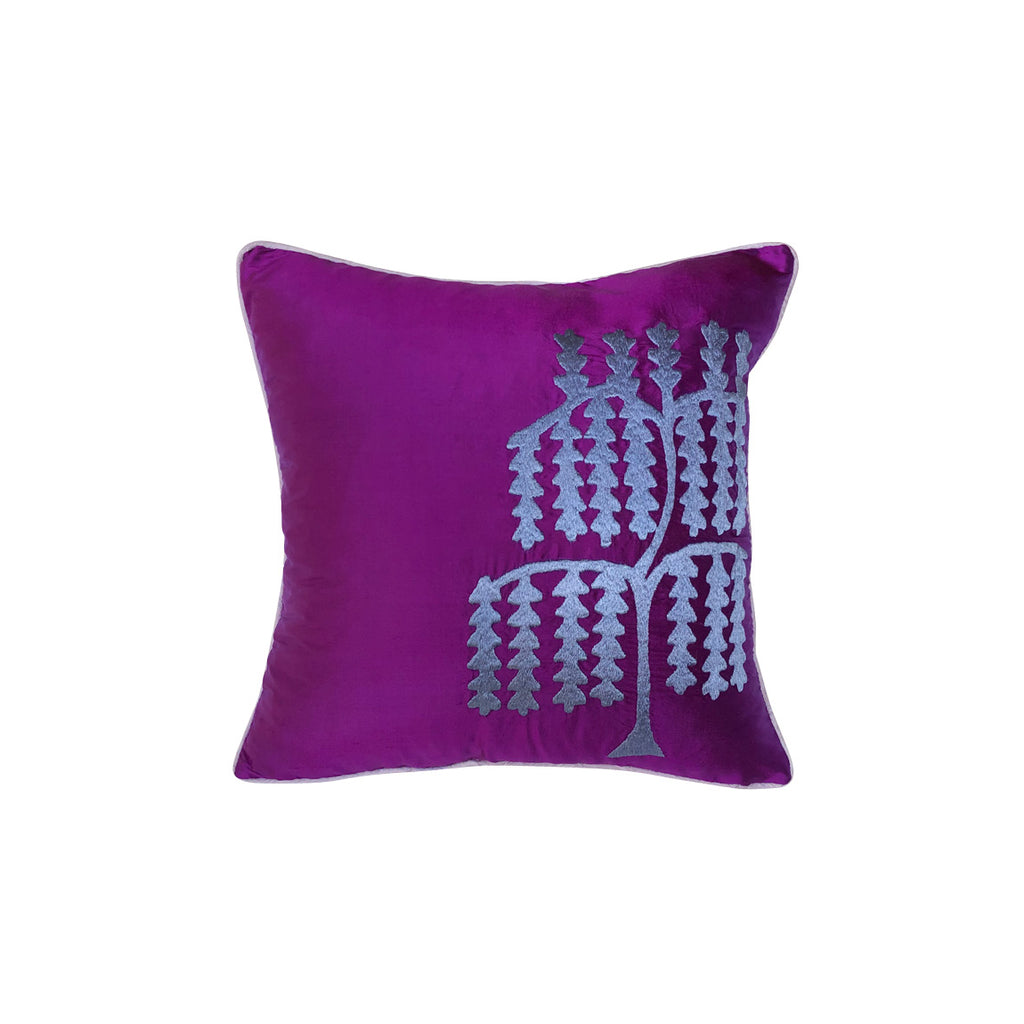 Fusya mor ustune eflatun agac islemeli ipek kirlent_Purple silk cushion with violet tree motif
