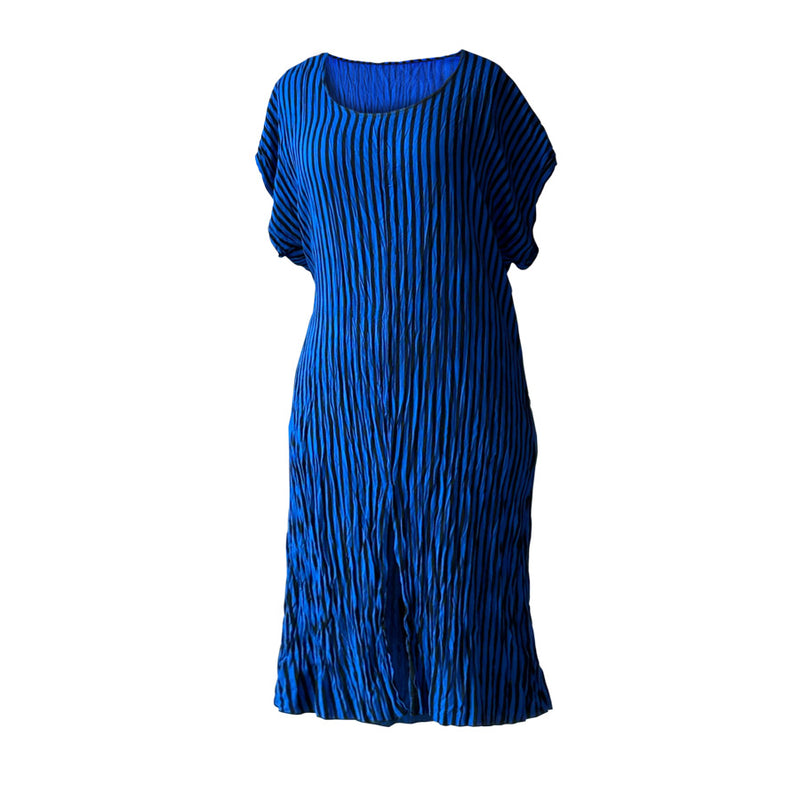 Gece mavisi ve siyah cizgili yazlik midi elbise_Midi summer dress with prussian blue and black thin stripes