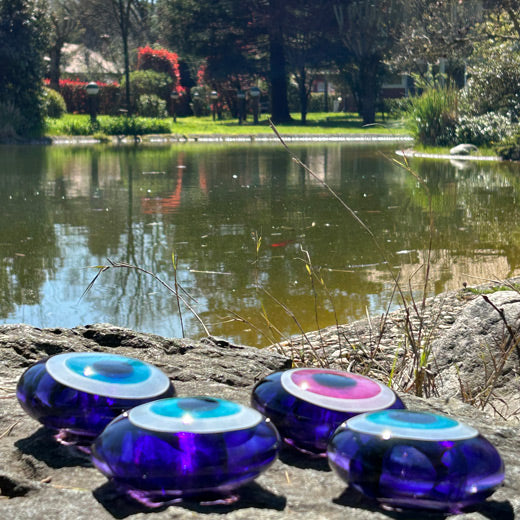 Golet yaninda koyu mor goz agirliklar_Deep purple evil eye beads beside the pond