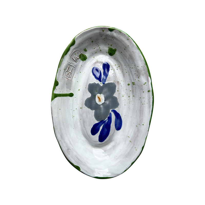 Gri cicek desenli el yapimi oval seramik tabak_Oval ceramic plate with flower pattern