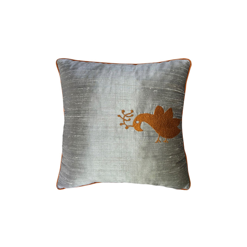 Gri ipek santuk ustune hardal rengi kus motifli kirlent_Cushion with mustard color bird motif embroidery on slubbed silk