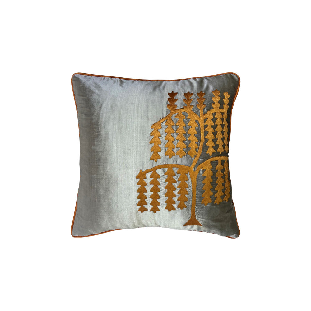 Gumus gri ustune hardal rengi hayat agaci nakisli ipek kirlent_Silk grey cushion with mustard color embroidery