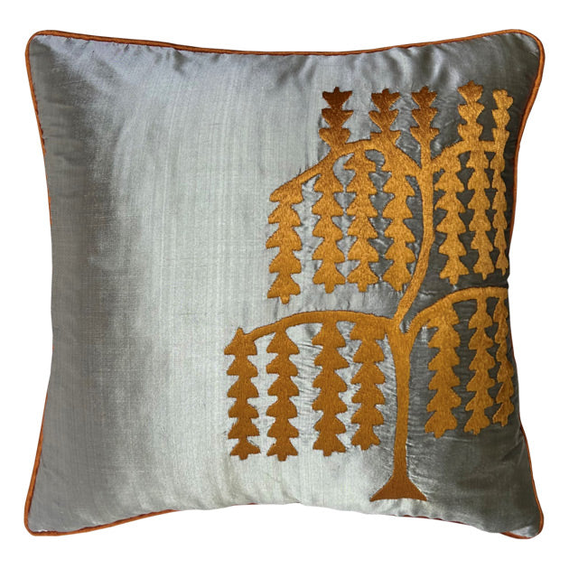 Gumus gri ustune hardal rengi hayat agaci nakisli ipek kirlent_Silk grey cushion with mustard color embroidery