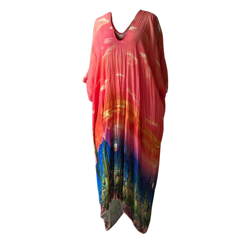 Gunbatimi renklerinde V yakali desenli elbise_V neck patterned dress in sunset colors