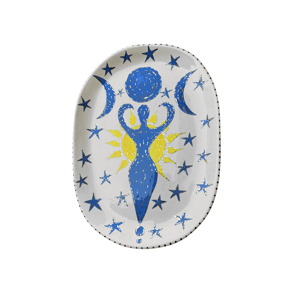 Gunes ay yildiz ve kadin figurlu oval tabak_Oval plate with moon sun star and woman figures