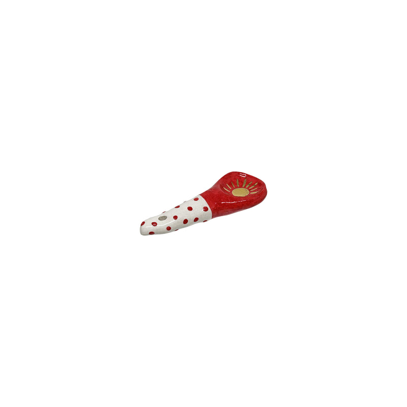 Gunes ve benek desenli kirmizi beyaz altin seramik kasik_Red white gold ceramic spoon with spots and sun