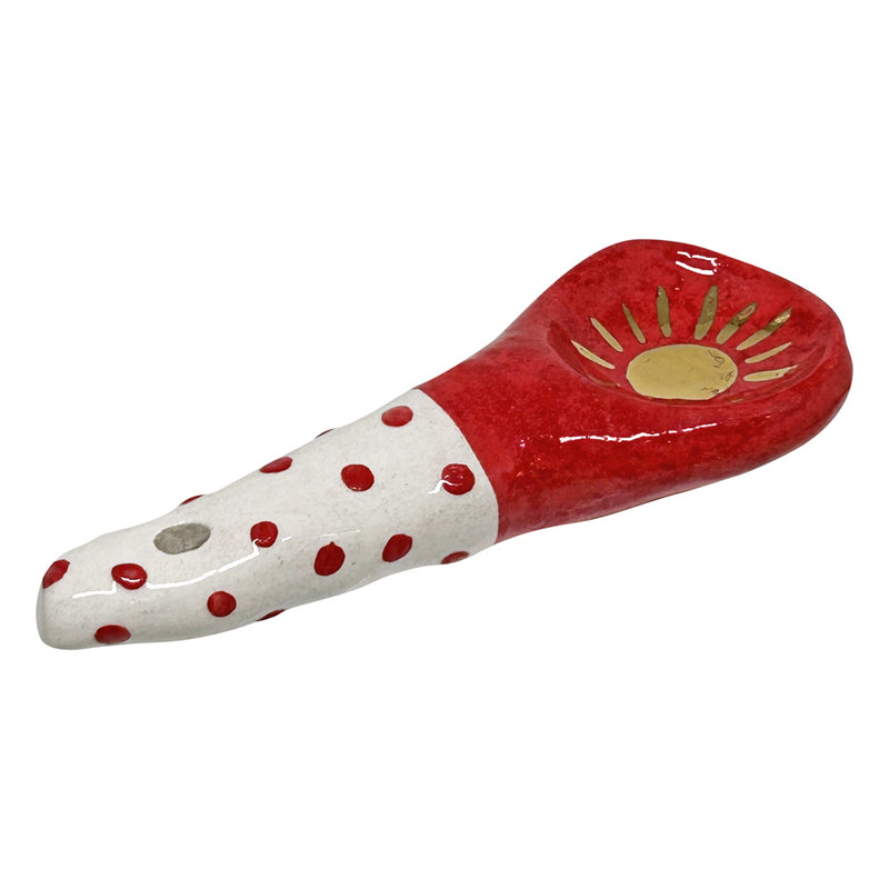 Gunes ve benek desenli kirmizi beyaz altin seramik kasik_Red white gold ceramic spoon with spots and sun