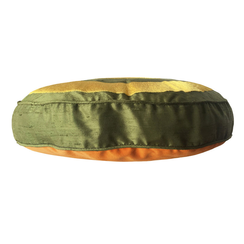 Haki yesil sari ve turuncu renklerde yuvarlak yastik_Round cushion cover in khaki green yellow and orange colors