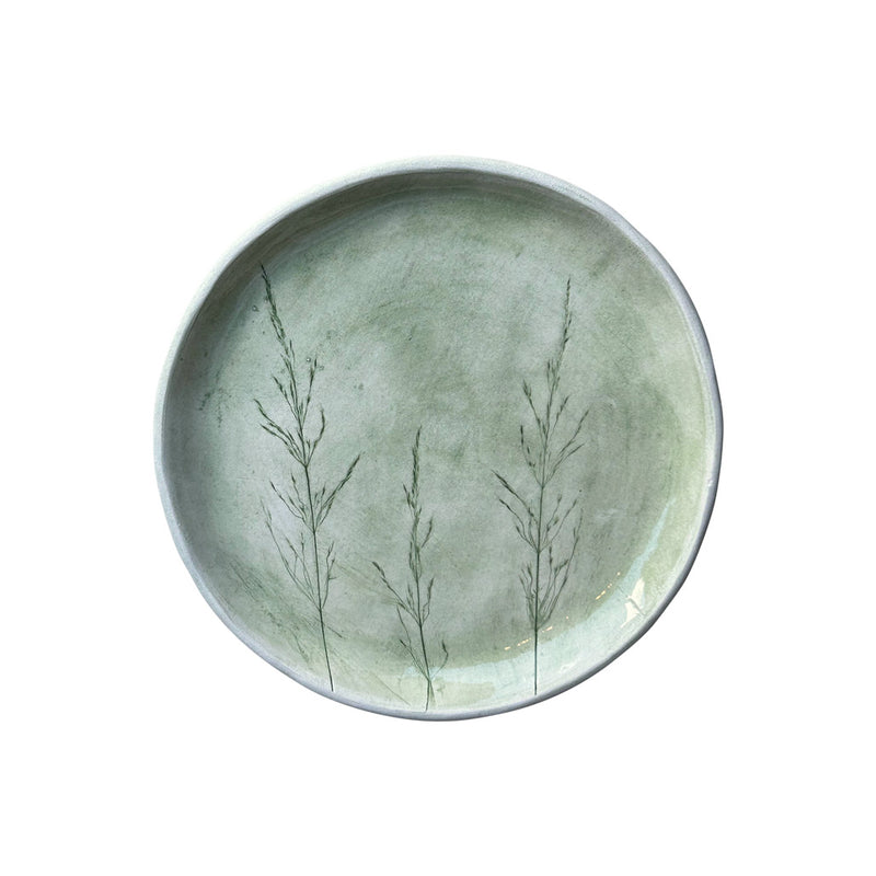 Hediyelik soluk yesil kir bitkisi baskili zarif yesil tabak_Giftware sage green ceramic plate with plant pattern