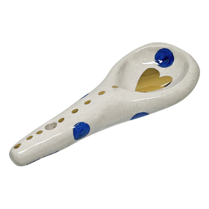 Ici kalpli altin ve mavi benekli seramik kasik_Ceramic spoon with blue and gold heart shape and spots