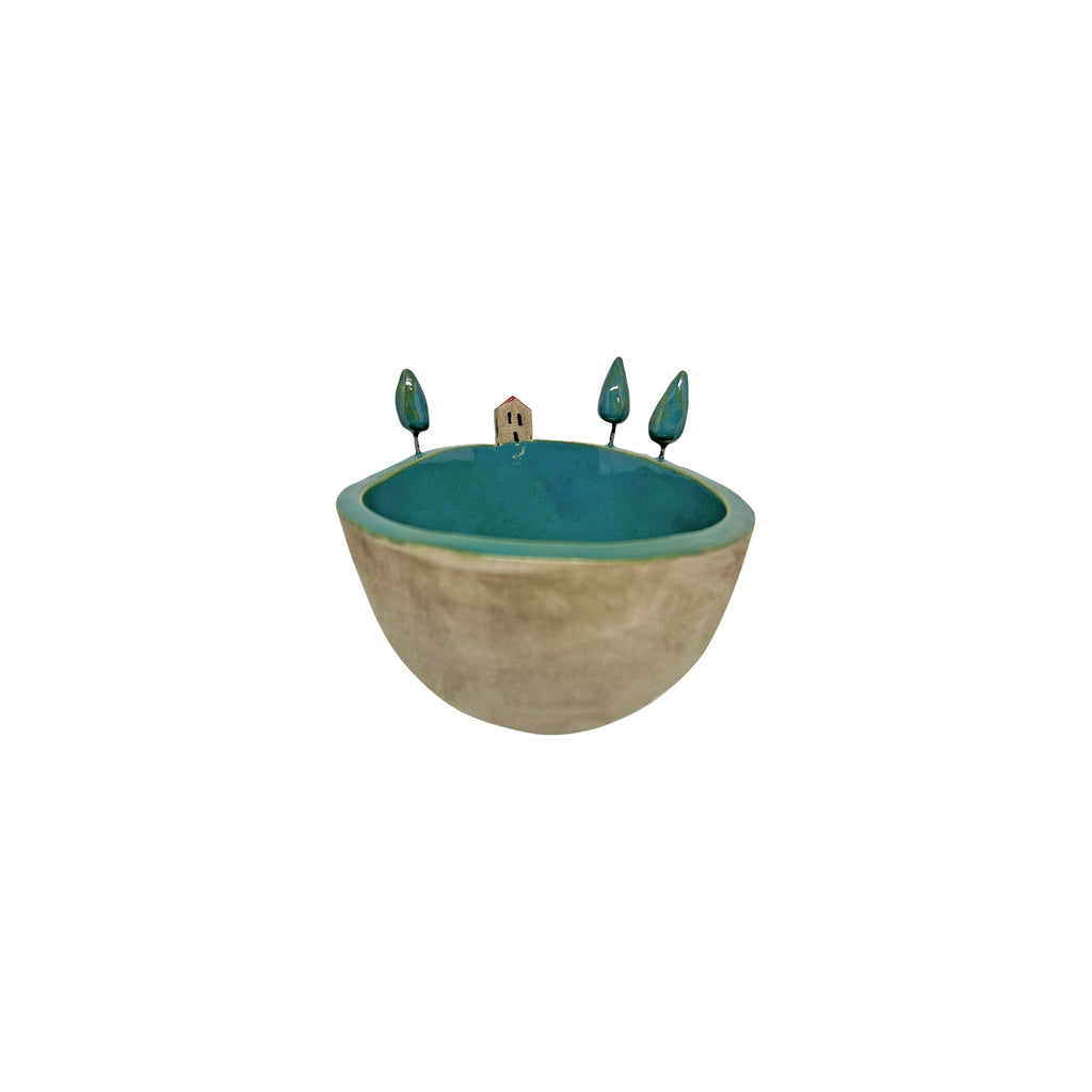 Ici ve agaclari turkuaz kucuk seramik kase_Small turquoise ceramic bowl with trees and a house