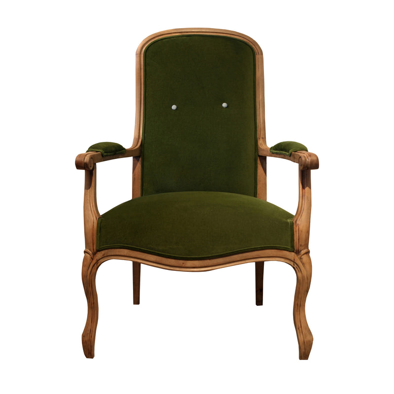 Iki adet acik mavi dugmeli ahsap iskeletli koyu yesil kadife koltuk_Wooden framed dark green velvet armchair with two light blue buttons