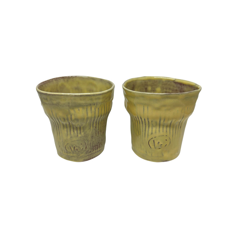 Iki adet hediyelik cizgili acik sari seramik bardak_Two pale yellow giftware ceramic cups