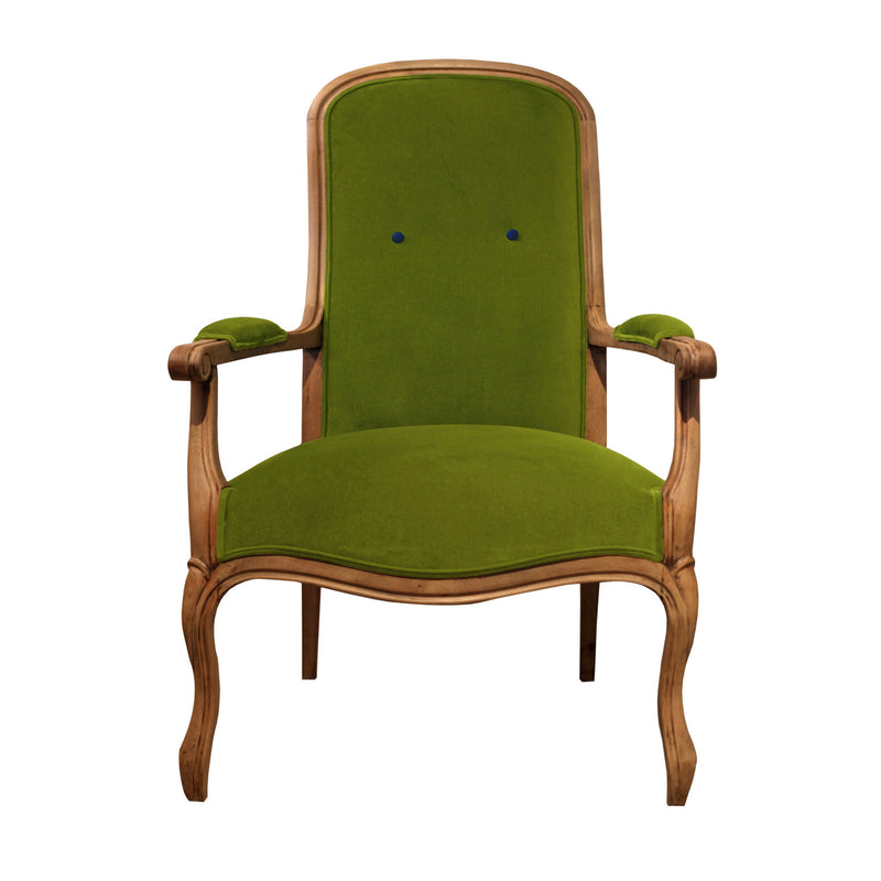 Iki adet mavi dugmeli ahsap iskeletli yesil kadife koltuk_Wooden framed green velvet armchair with two blue buttons