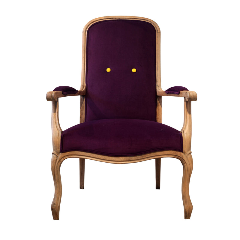 Iki adet sari dugmeli ahsap iskeletli koyu mor kadife koltuk_Wooden framed dark purple velvet armchair with two yellow buttons