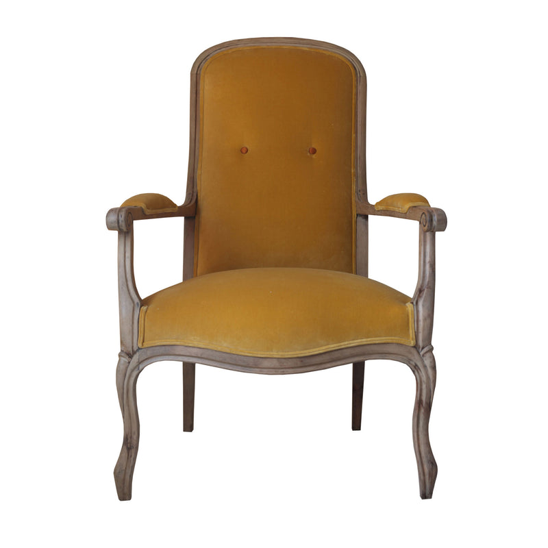 Iki adet turuncu dugmeli ahsap iskeletli hardal sarisi kadife koltuk_Wooden framed mustard yellow velvet armchair with two orange buttons