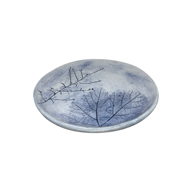 Iki bitki baskili mavi alacali seramik tabak_Blue mottled ceramic plate with two plant textures