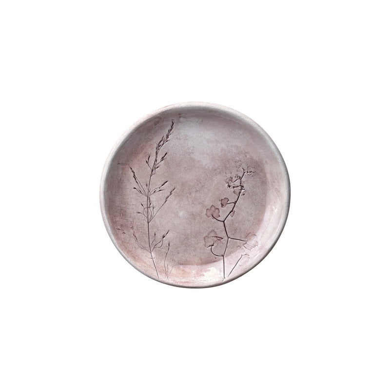 Iki farkli bitki desenli pembe dekoratif kucuk seramik tabak_Small pink decorative plate with two plant textures on it