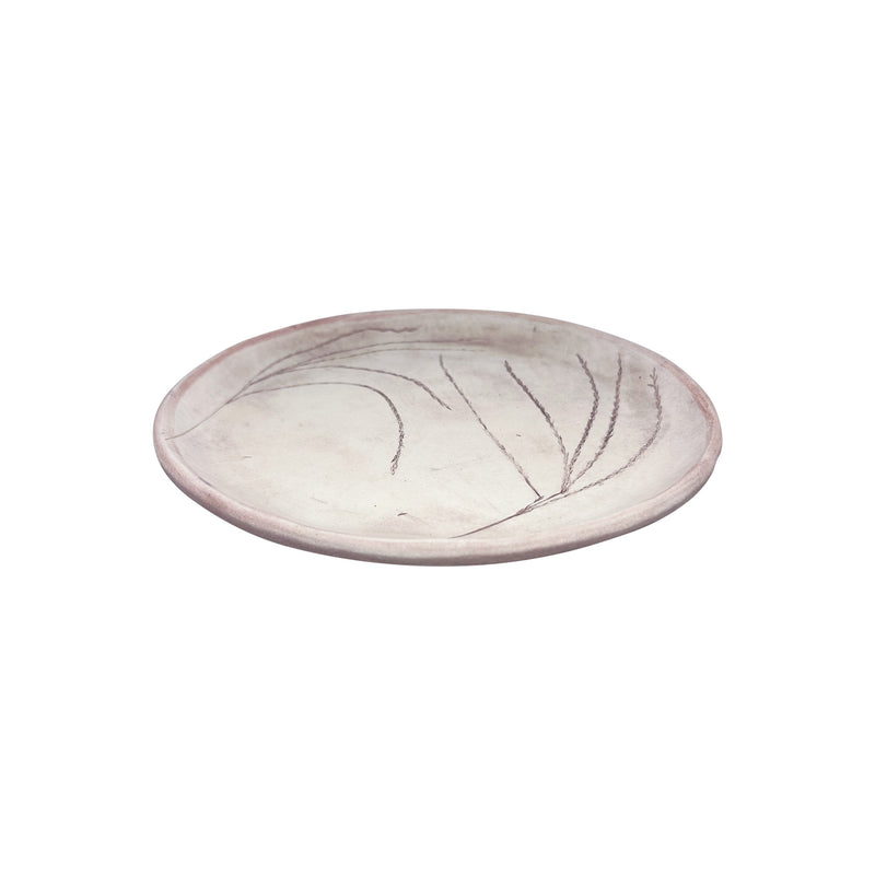 Iki ince ot baskili soluk pembe el yapimi tabak_Pale pink handmade plate with negative relief of two thin herbs