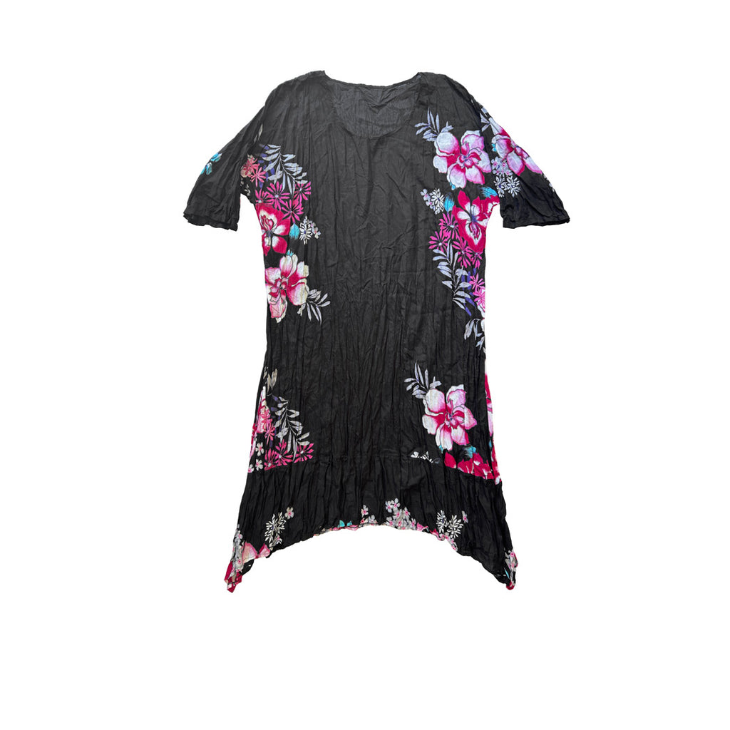 Iri pembe beyaz cicek desenli pamuklu siyah uzun elbise_Cotton black long dress with large pink and white flower patterns