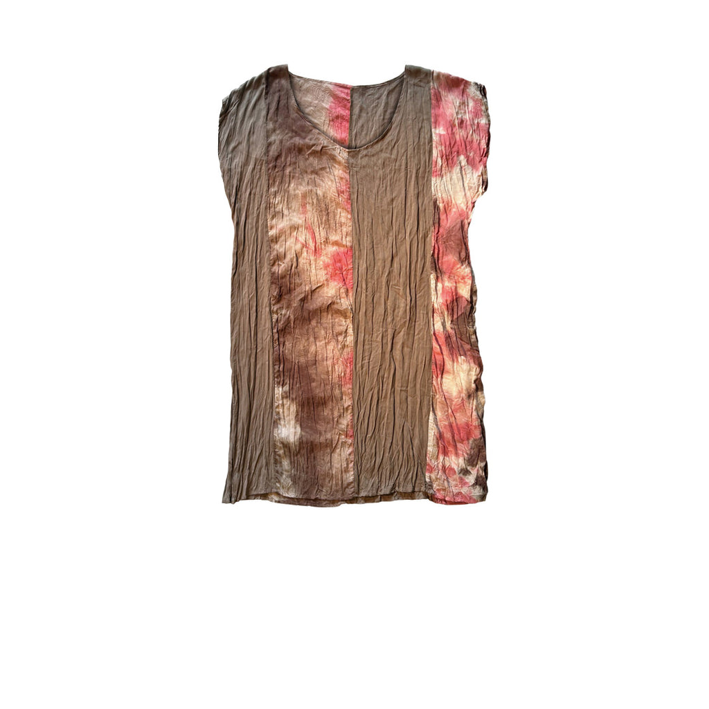 Kahverengi bantli pembe kahve beyaz batik desenli kolsuz elbise_Pink brown and white tie dye patterned sleeveless dress with brown parts