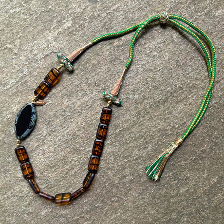Kahverengi boncuklu tasarim kolye_Brown glass bead necklace with adjustable length