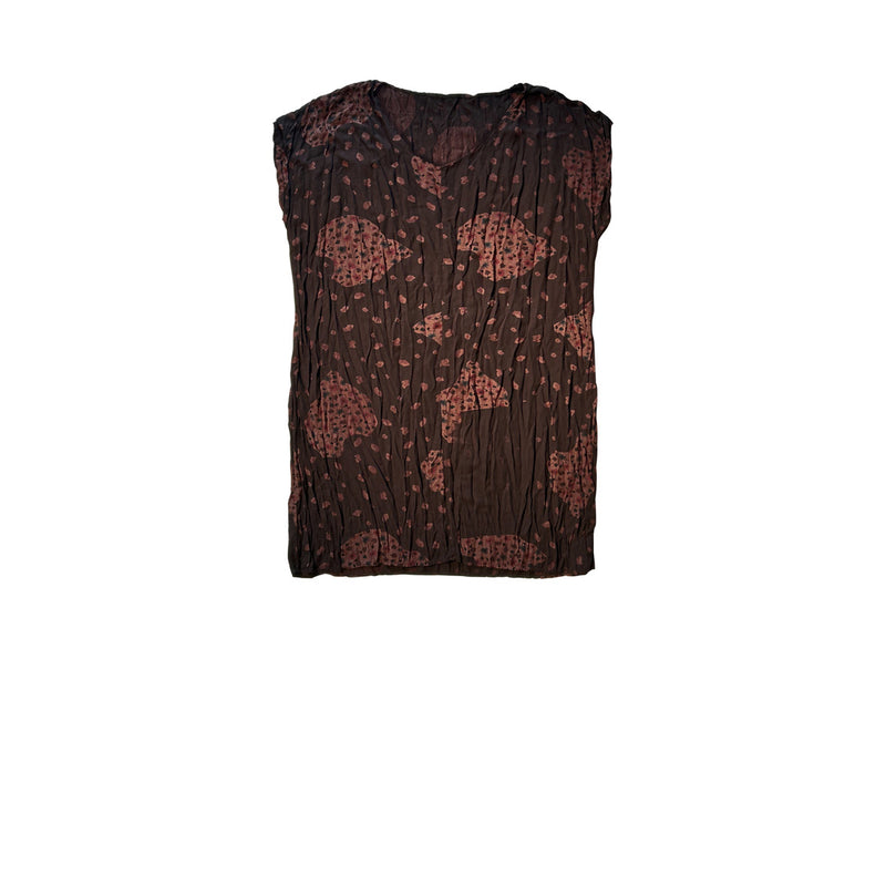 Kahverengi tonlarinda desenli kolsuz tunik_Sleeveless tunic with mixed patterns in brown shades