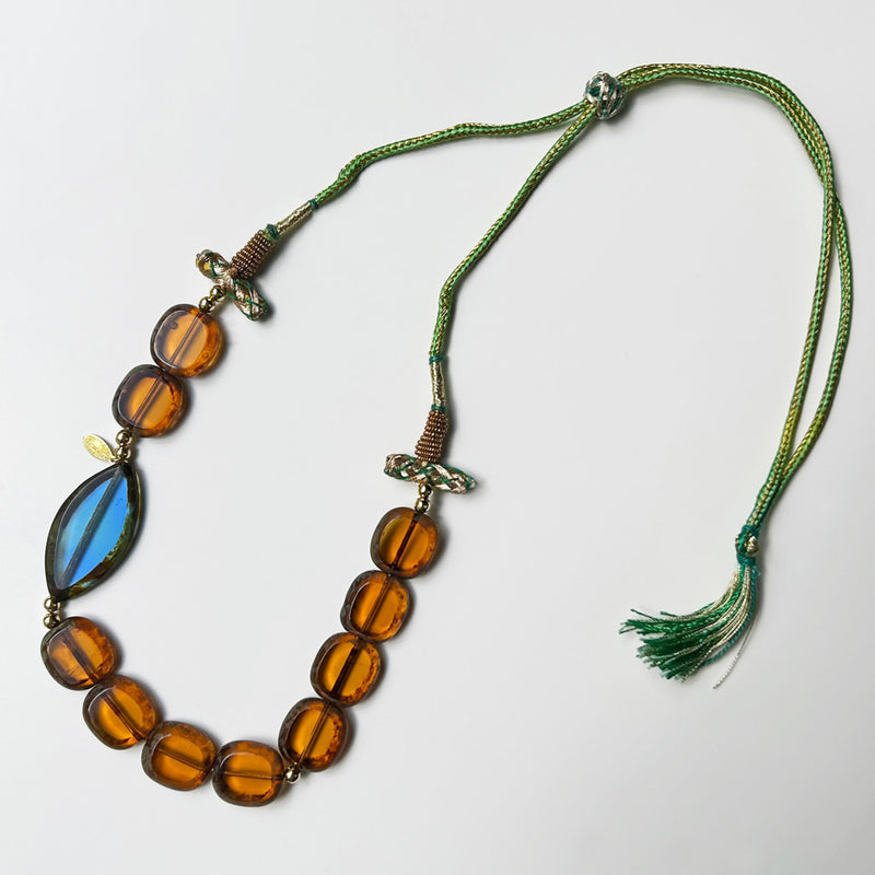 Kahverengi ve mavi cam boncuklu tasarim kolye_Designer necklace with brown and blue glass beads