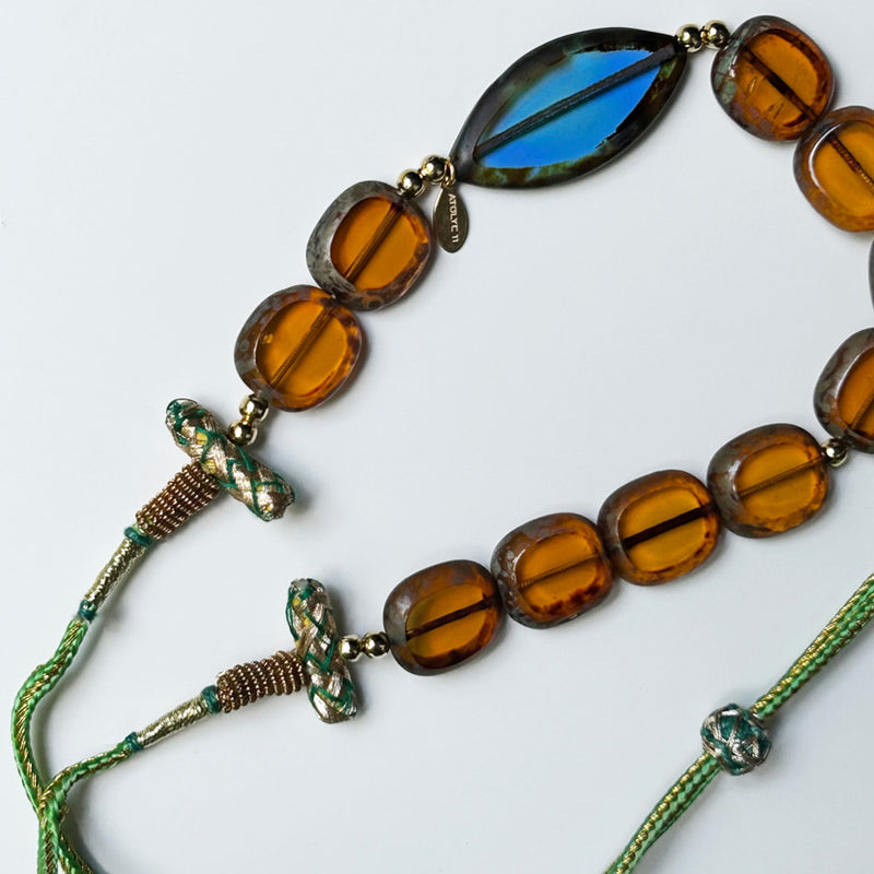 Kahverengi ve mavi cam boncuklu tasarim kolye_Designer necklace with brown and blue glass beads