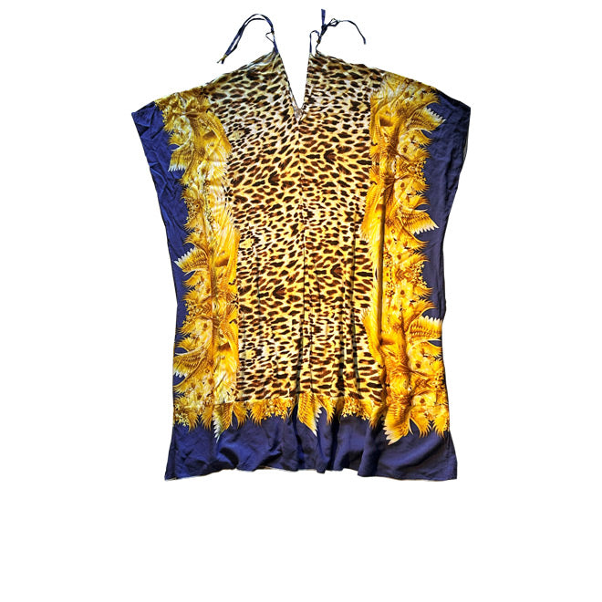 Kanat ve panter desenli sari mavi askili elbise_Yellow and blue strap dress with wings and panther patterns