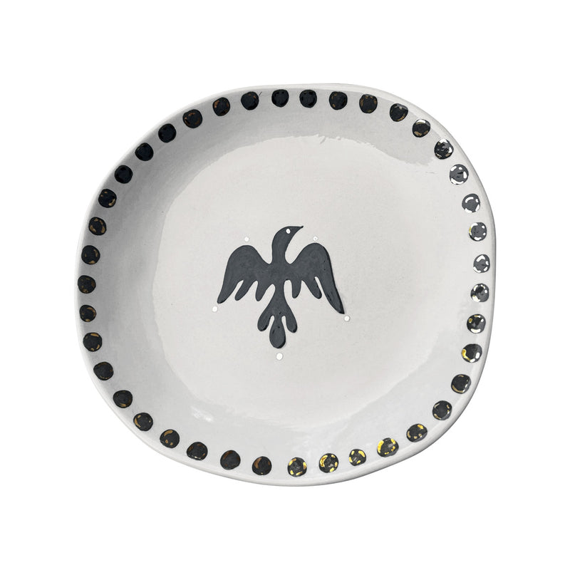 Kenari siyah benekli ortasi kus motifli beyaz tabak_White plate with black spots on the edge and a bird motif in the middle