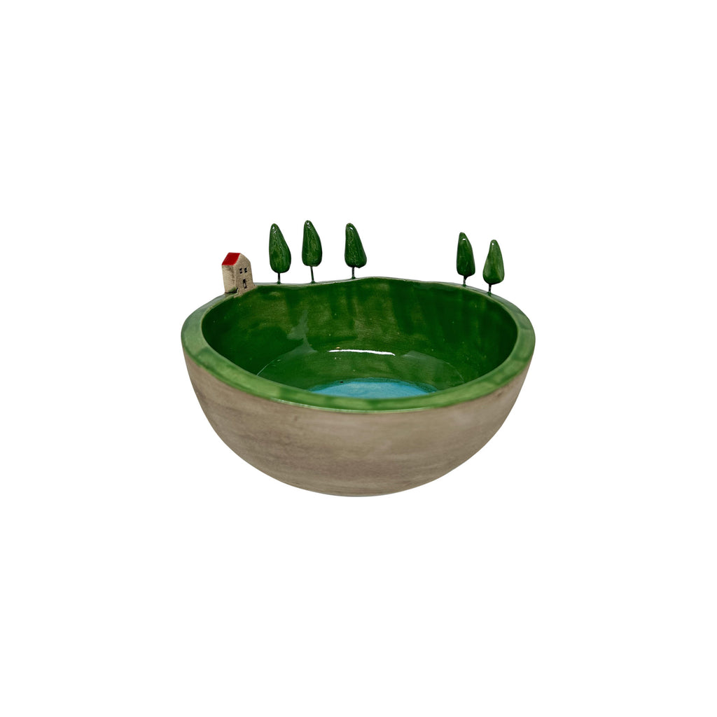 Kenarinda bir ev ve bes agac olan buyuk seramik kase_Large ceramic bowl with a house and five trees on the edge
