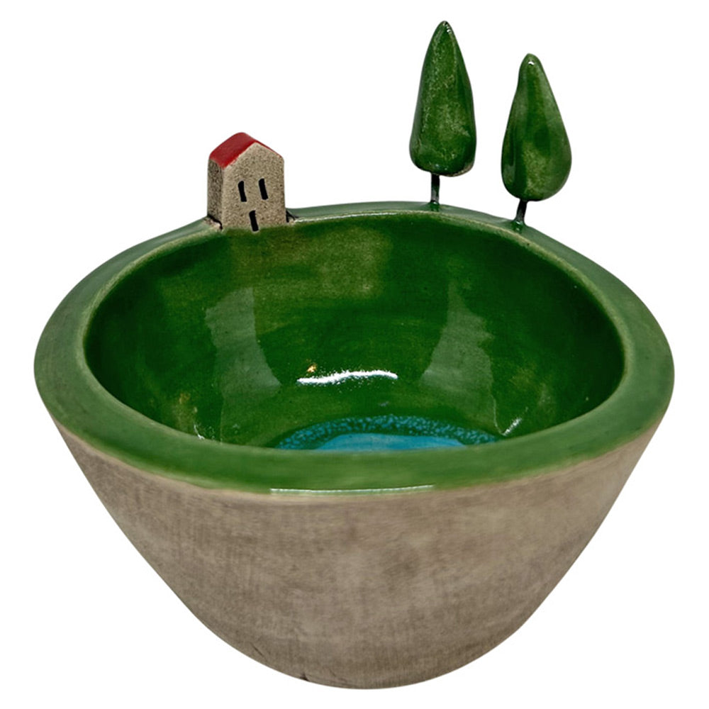 Kenarinda bir minik ev ve iki kucuk agac bulunan seramik kase_Ceramic bowl with a house and small trees