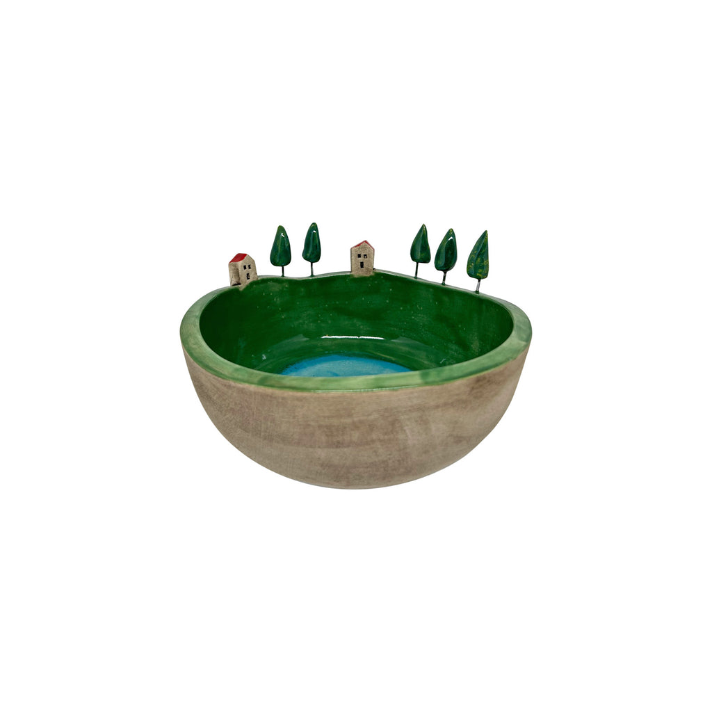 Kenarinda iki ev ve bes agac olan buyuk seramik kase_Large ceramic bowl with two houses and five trees on the edge