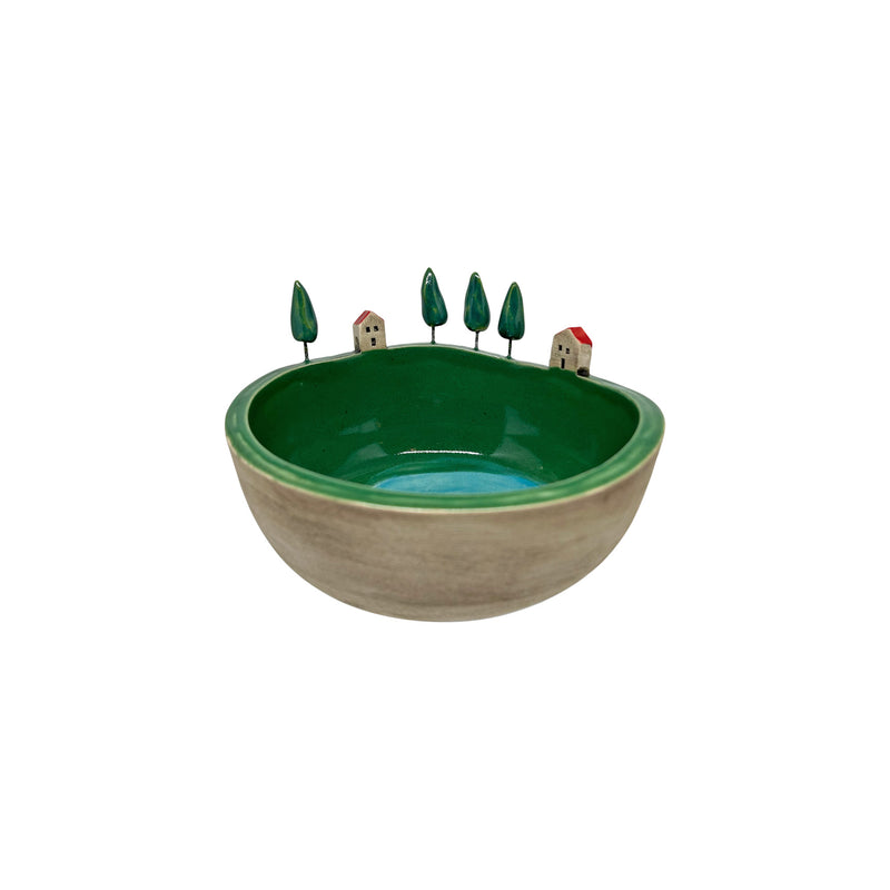 Kenarinda iki ev ve dort agac olan buyuk seramik kase_Large ceramic bowl with two houses and four trees on the edge