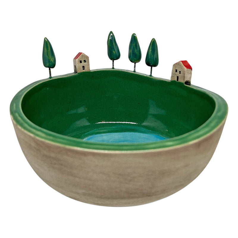 Kenarinda iki ev ve dort agac olan buyuk seramik kase_Large ceramic bowl with two houses and four trees on the edge