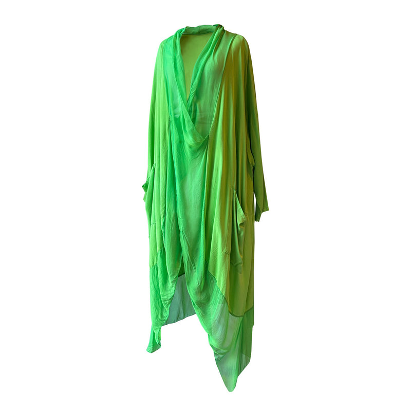 Kenarlari sifonlu fistik yesili ipek tunik_Lime green silk tunic with chiffon