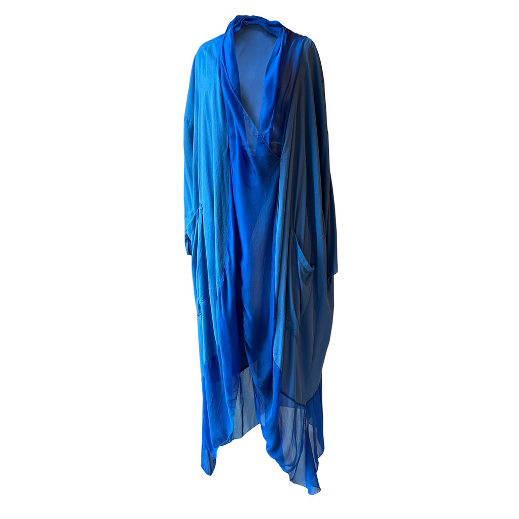 Kenarlari sifonlu gece mavisi ipek tunik_Cobalt blue silk tunic with chiffon