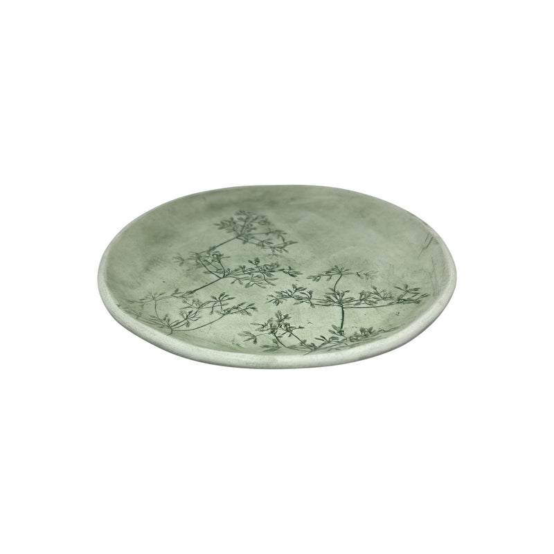 Kir cicekleri baskili el yapimi hediyelik yesil seramik tabak_Prairie flowers pressed green ceramic plate