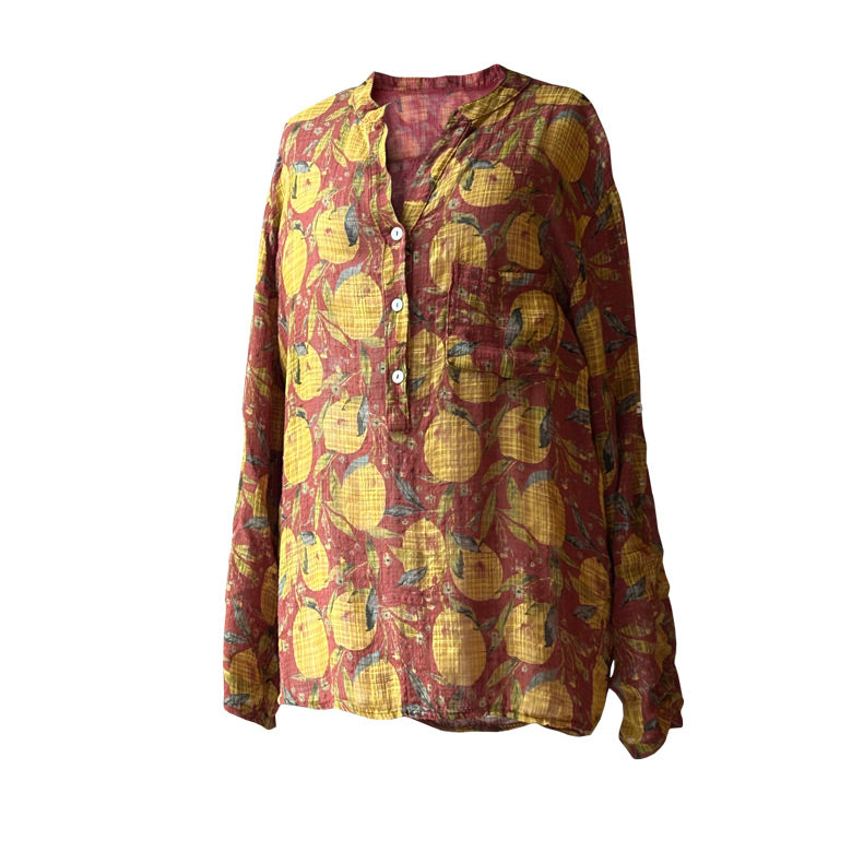 Kiremit rengi ustune sari limon desenli pamuklu gomlek_Brick color cotton shirt with yellow lemon pattern