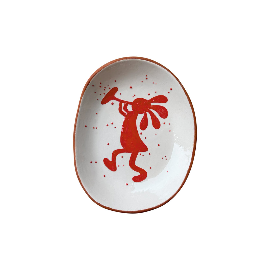 Kirmizi Kizilderili desenli oval seramik tabak_Oval ceramic plate with a red Native American pattern Kokopelli