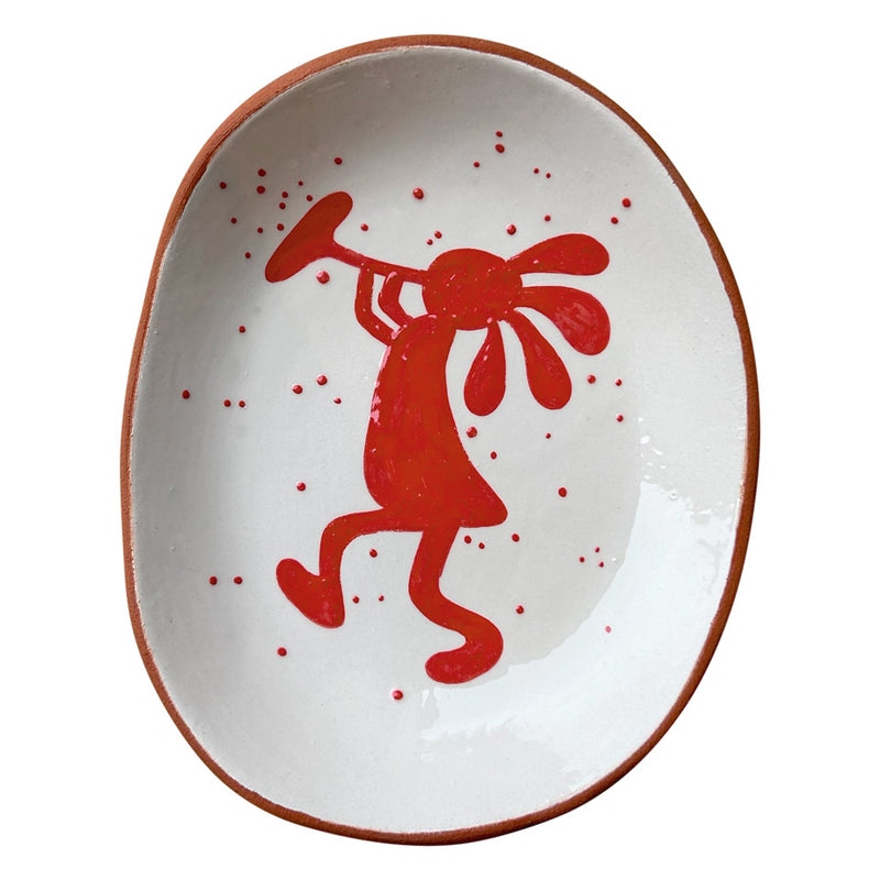 Kirmizi Kizilderili desenli oval seramik tabak_Oval ceramic plate with a red Native American pattern Kokopelli