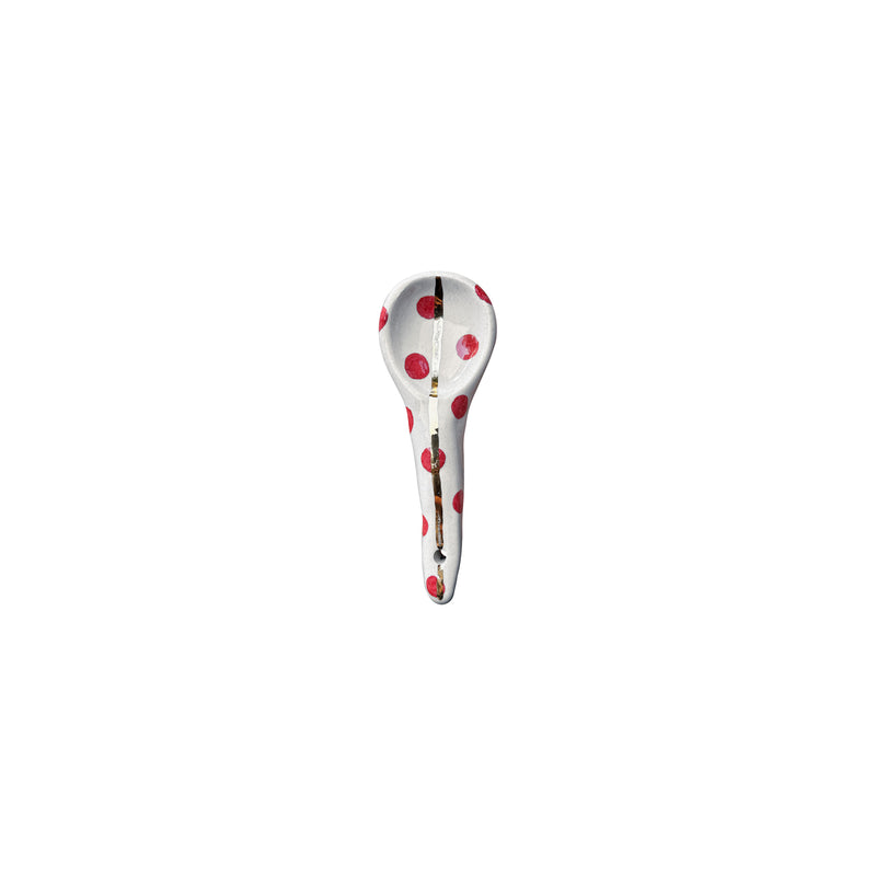 Kirmizi benekli ve altin cizgili beyaz seramik kasik_White ceramic spoon with red spots and gold line